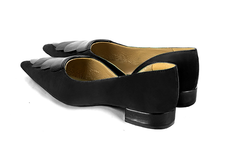 Women's matt black and satin black elegant open arch pumps. Pointed toe. Flat flare heels - Rear view